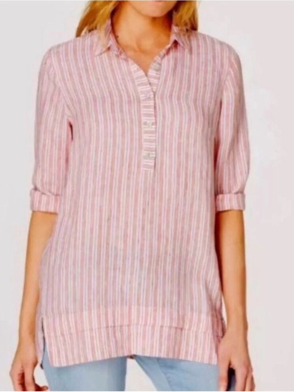 J Jill Love Linen Shirt Orange white striped 100% linen popover Women’s Petite M